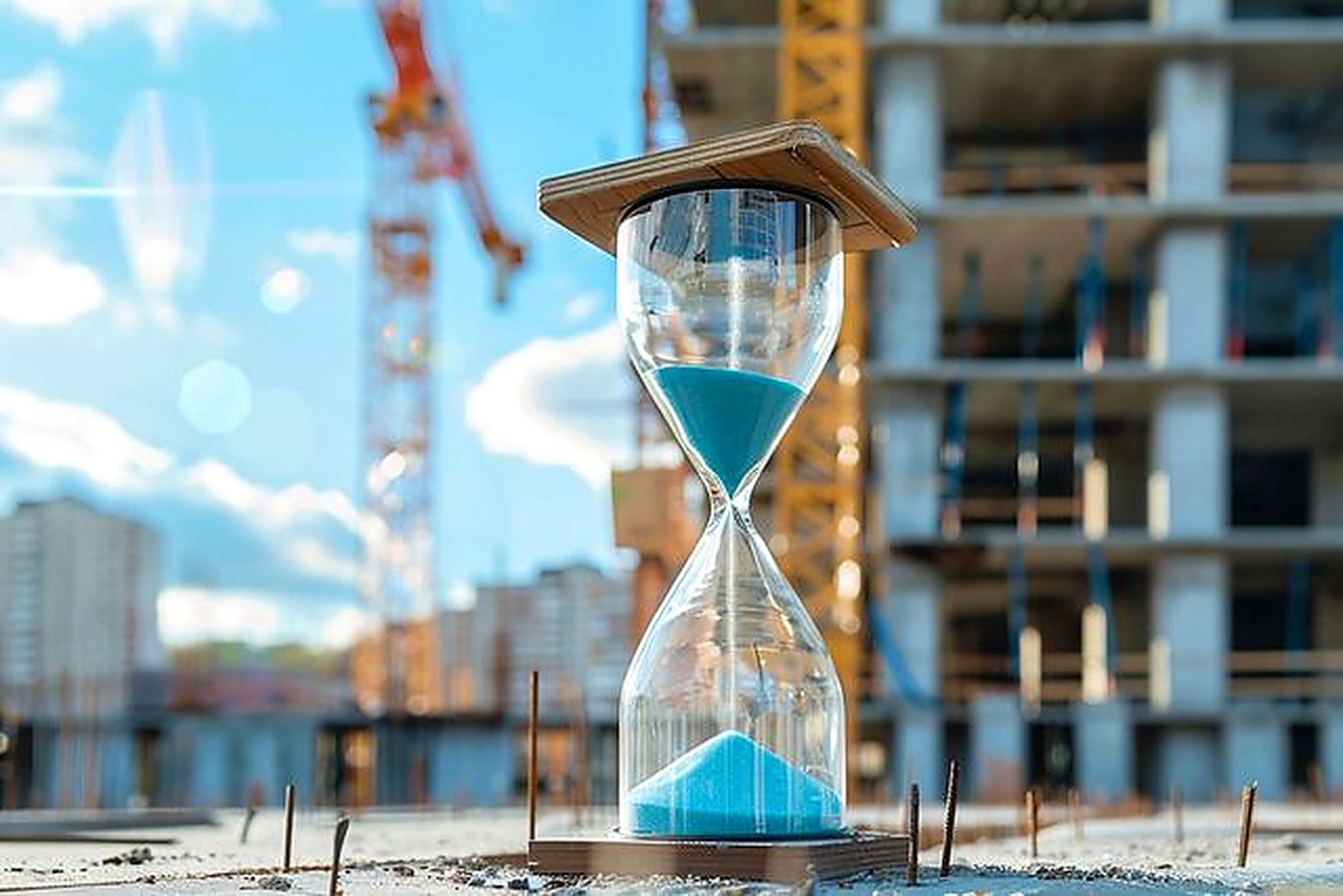 Hourglass on a construction site symbolizing schedule pressure